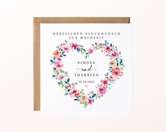 Personalisierte Hochzeitskarte – Buntes Blumenherz mit Namen und Datum – Karte mit Kraftpapierumschlag