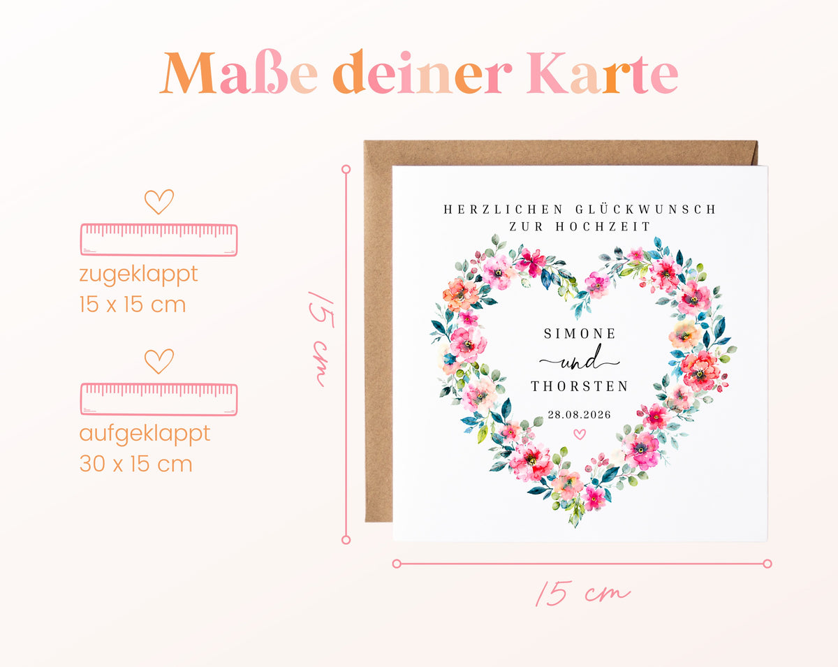 Personalisierte Hochzeitskarte – Buntes Blumenherz mit Namen und Datum – Maße der Karte