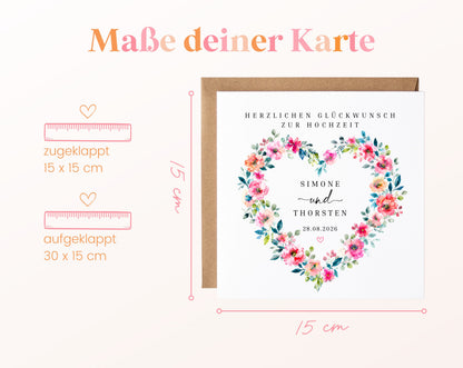 Personalisierte Hochzeitskarte – Buntes Blumenherz mit Namen und Datum – Maße der Karte