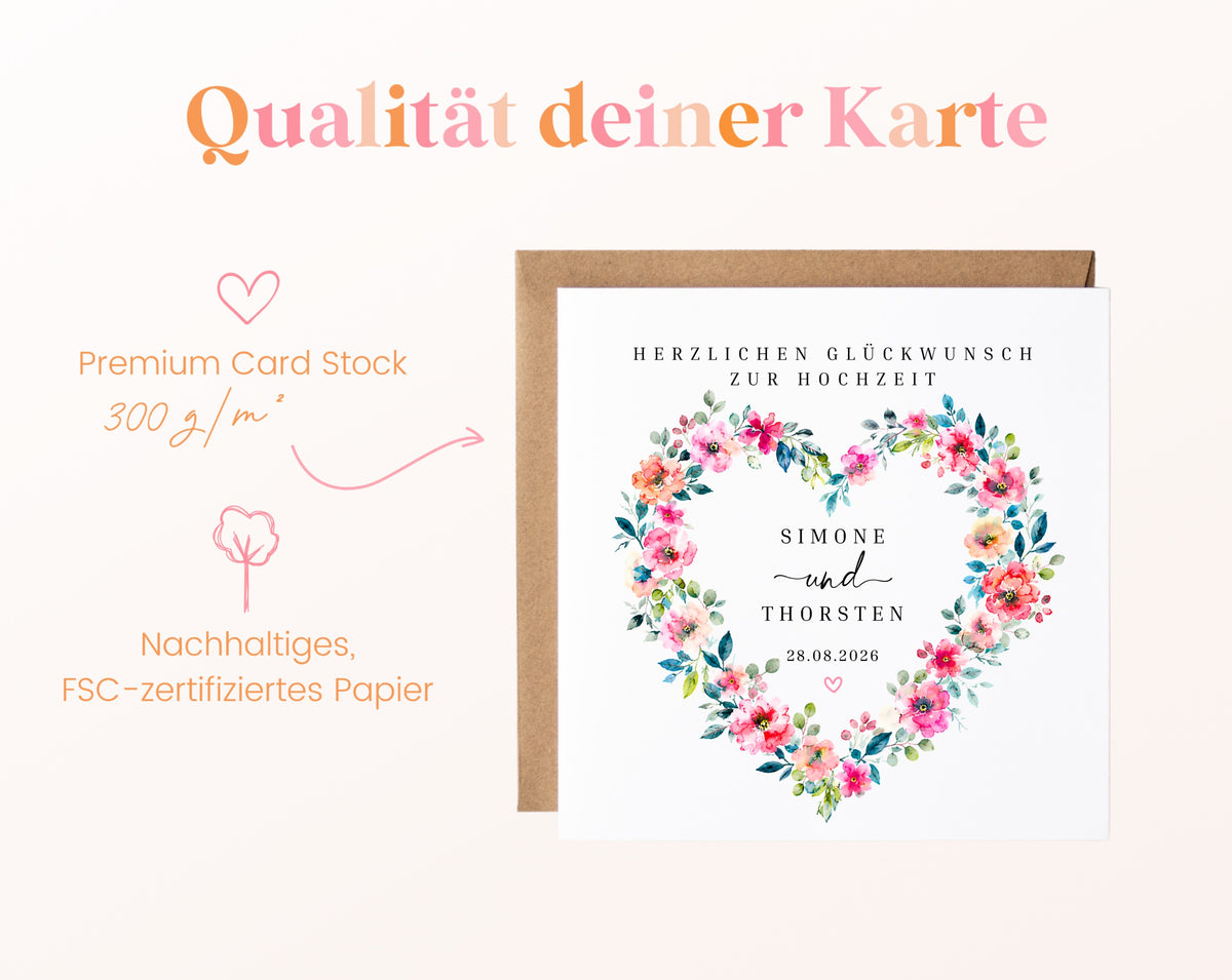 Personalisierte Hochzeitskarte – Buntes Blumenherz mit Namen und Datum – 300 g/m² Papier und FSC-Zertifizierung