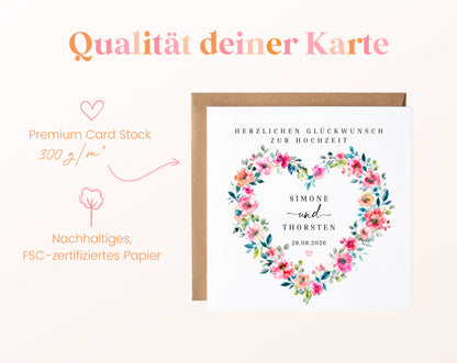 Personalisierte Hochzeitskarte – Buntes Blumenherz mit Namen und Datum – 300 g/m² Papier und FSC-Zertifizierung