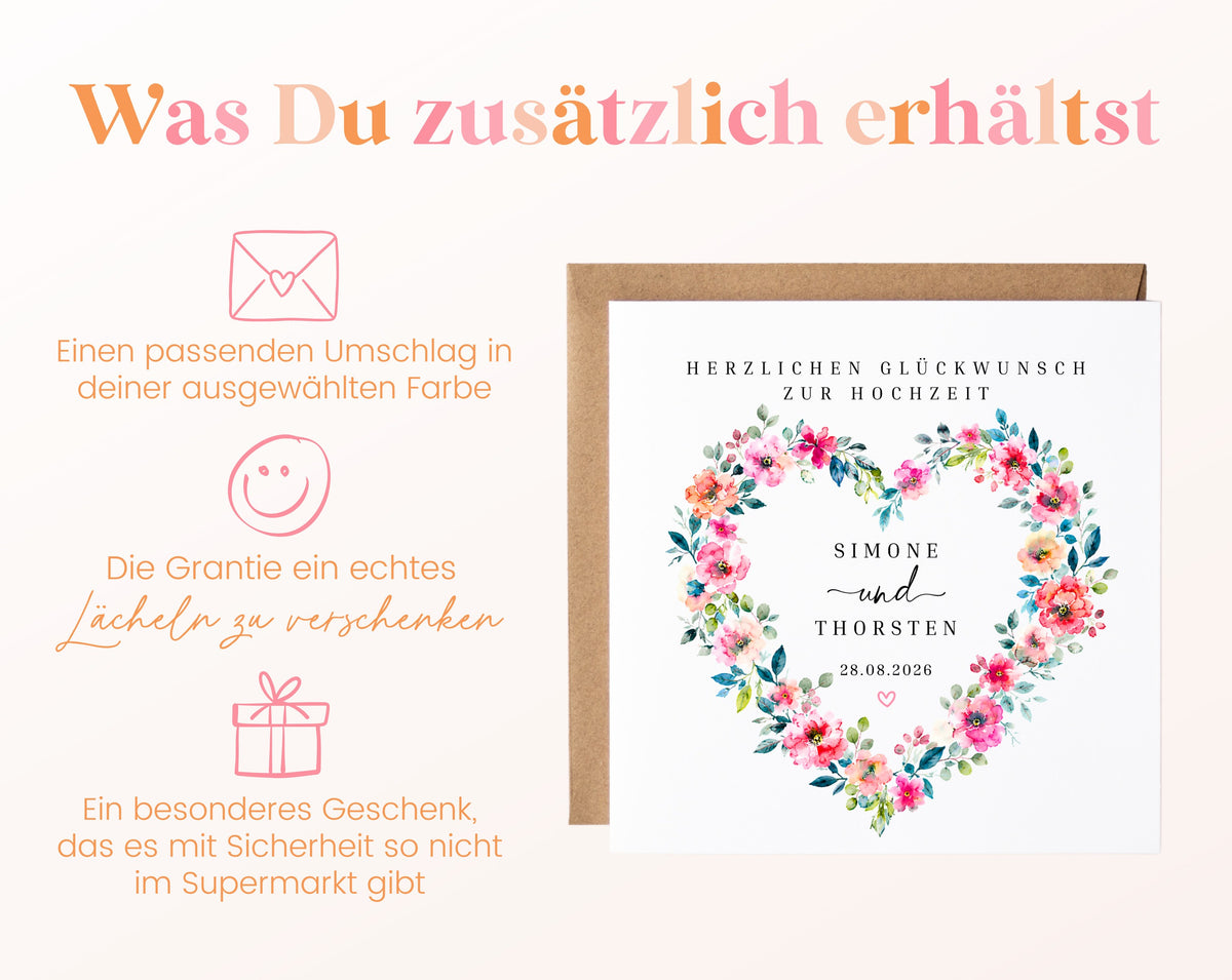 Personalisierte Hochzeitskarte – Buntes Blumenherz mit Namen und Datum – Zusätzliche Produktinformationen