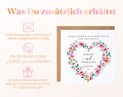Personalisierte Hochzeitskarte – Buntes Blumenherz mit Namen und Datum – Zusätzliche Produktinformationen