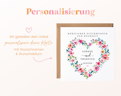 Personalisierte Hochzeitskarte – Buntes Blumenherz mit Namen und Datum – Hinweis zur Personalisierung mit Namen und Datum