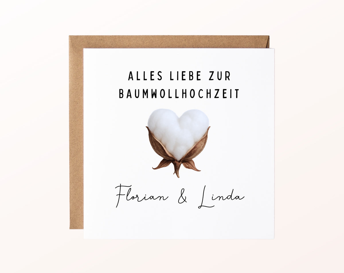 Karte zur Baumwollhochzeit mit Baumwollherz und Kraftpapierumschlag