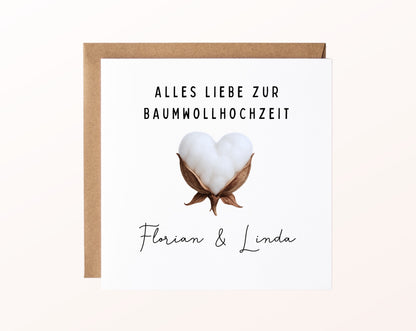 Karte zur Baumwollhochzeit mit Baumwollherz und Kraftpapierumschlag