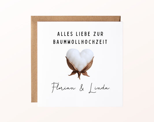 Karte zur Baumwollhochzeit mit Baumwollherz und Kraftpapierumschlag