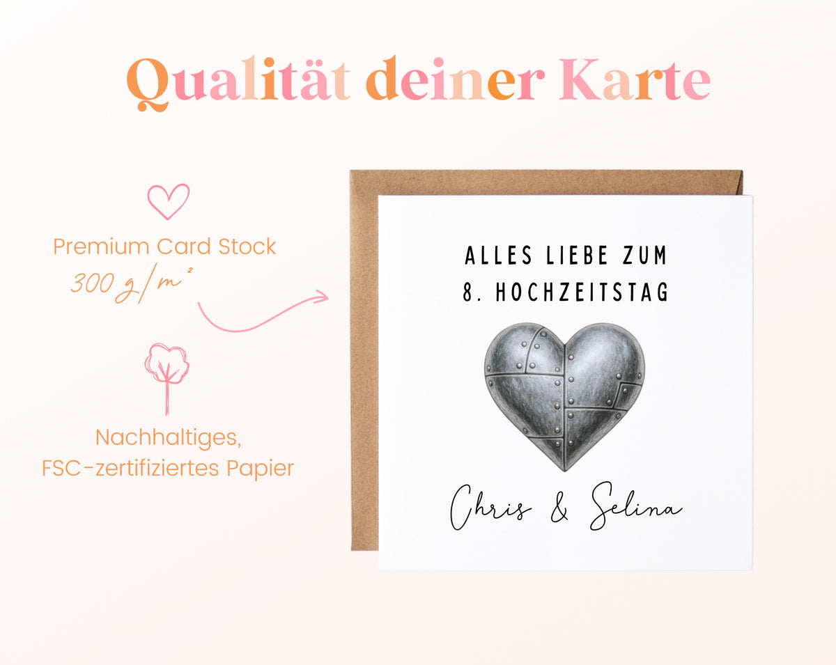 Blechherz-Karte zum 8. Hochzeitstag – Qualitätsangaben