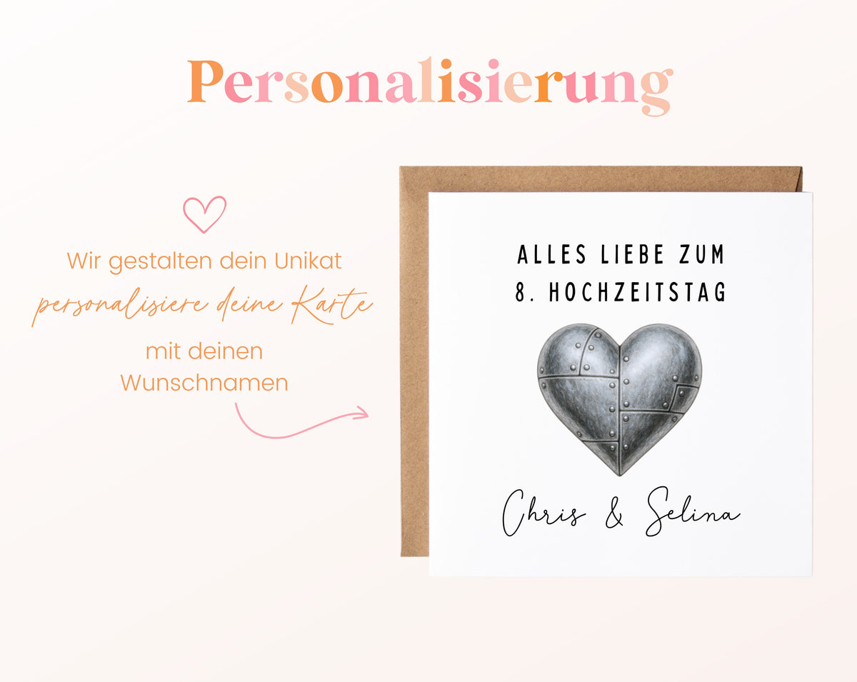 Blechherz-Karte zum 8. Hochzeitstag – Personalisierung mit Beispielnamen