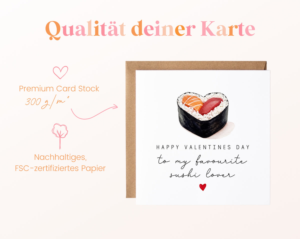 Valentinstagskarte mit Sushi-Herz und Wunschtext – 300 g/m² Kartenpapier