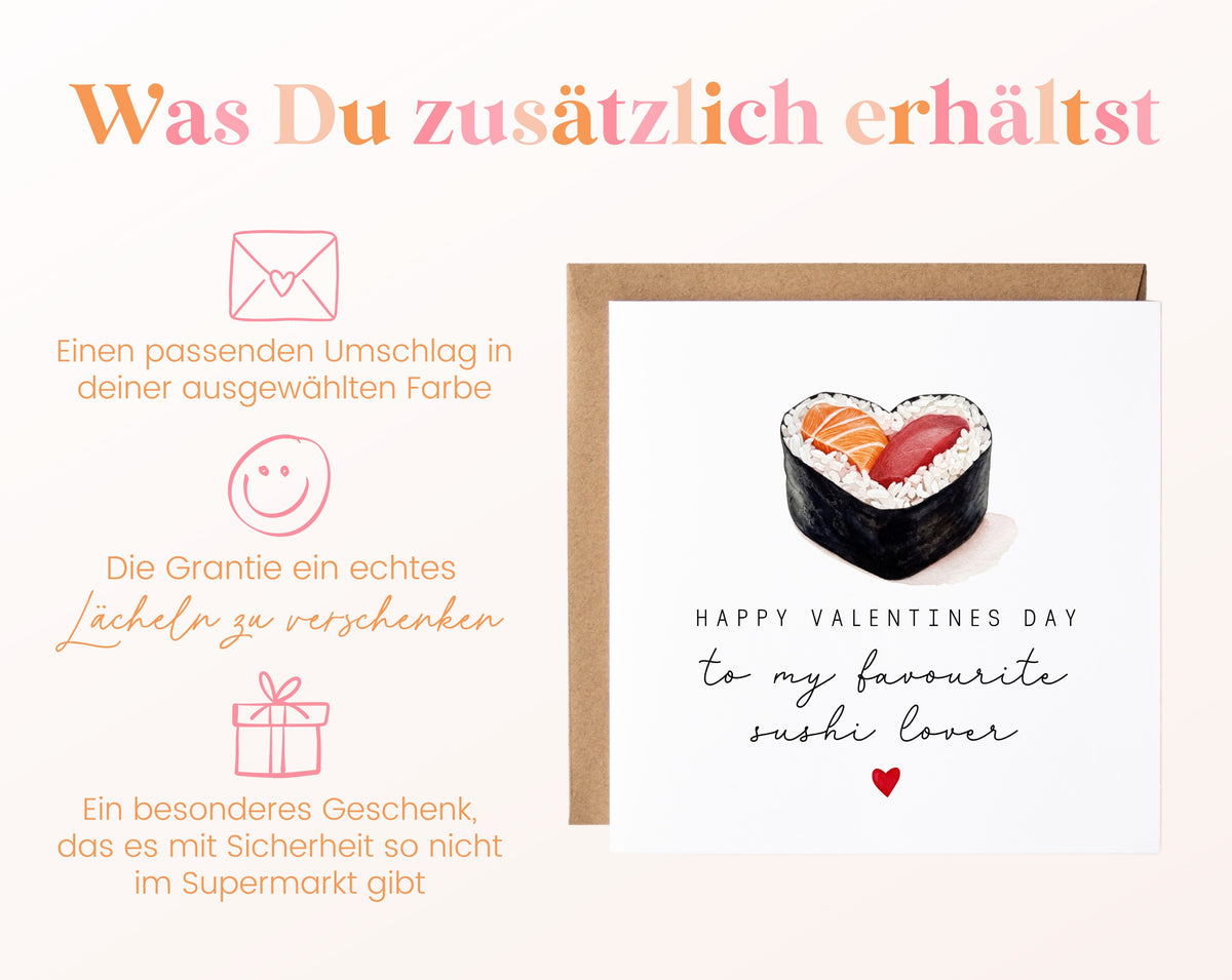 Valentinstagskarte mit Sushi-Herz und Wunschtext – Details zum Lieferumfang