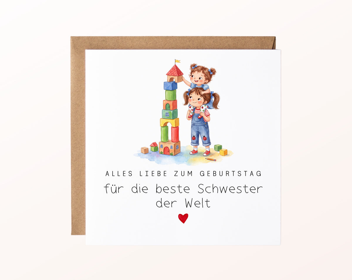Geburtstagskarte für die beste Schwester – Bauklötzchenturm – Karte mit Motiv und Umschlag