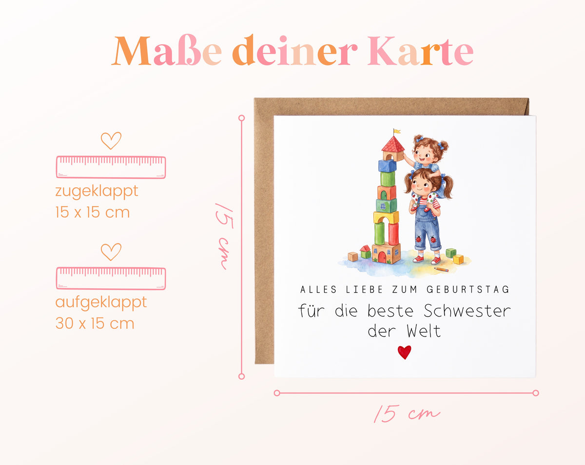 Geburtstagskarte für die beste Schwester – Bauklötzchenturm – Maße der Klappkarte