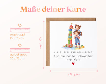 Geburtstagskarte für die beste Schwester – Bauklötzchenturm – Maße der Klappkarte