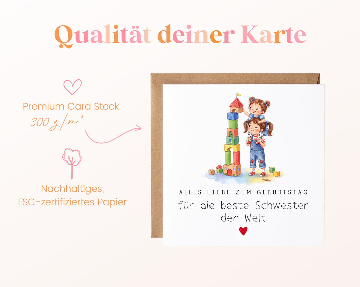 Geburtstagskarte für die beste Schwester – Bauklötzchenturm – 300 g/m² Kartenpapier
