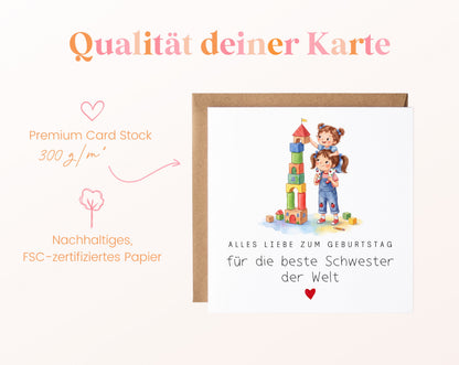 Geburtstagskarte für die beste Schwester – Bauklötzchenturm – 300 g/m² Kartenpapier