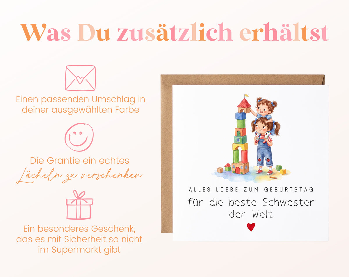 Geburtstagskarte für die beste Schwester – Bauklötzchenturm – Details zum Lieferumfang