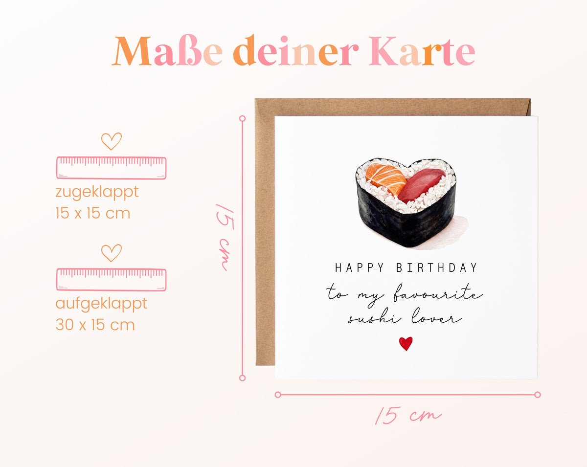 Geburtstagskarte für Sushi-Liebhaber mit Herz und Wunschtext – Maße der Klappkarte
