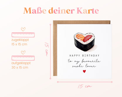 Geburtstagskarte für Sushi-Liebhaber mit Herz und Wunschtext – Maße der Klappkarte