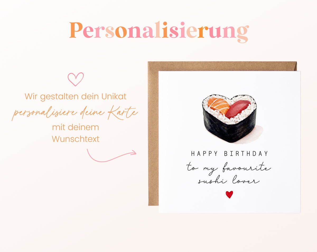 Geburtstagskarte für Sushi-Liebhaber mit Herz und Wunschtext – Wunschtext gestalten