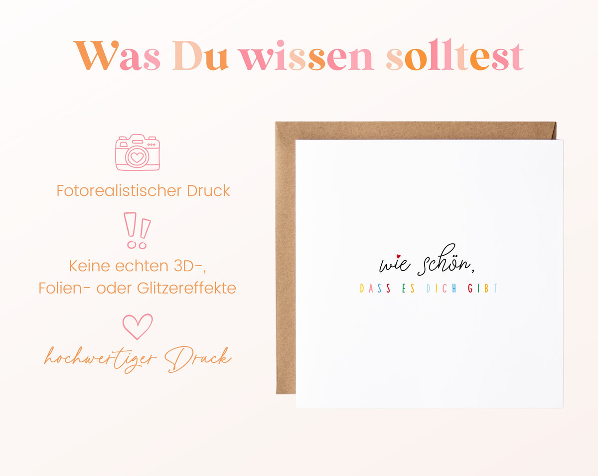 Karte „Wie schön, dass es Dich gibt“ mit buntem Schriftzug – Wissenswertes zur Karte