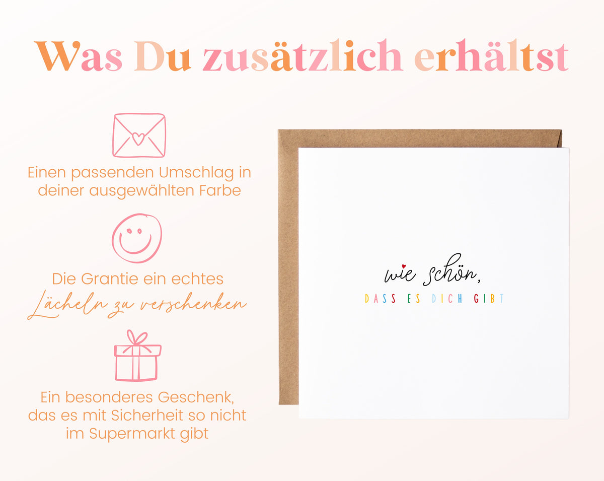 Karte „Wie schön, dass es Dich gibt“ mit buntem Schriftzug – Details zum Lieferumfang