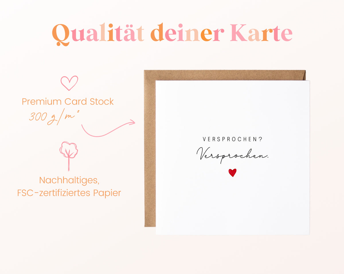 Liebeskarte „Versprochen? Versprochen.“ mit rotem Herz – 300 g/m² Kartenpapier