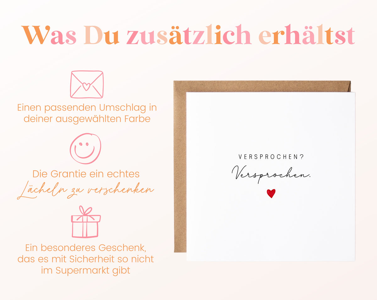 Liebeskarte „Versprochen? Versprochen.“ mit rotem Herz – Details zum Lieferumfang
