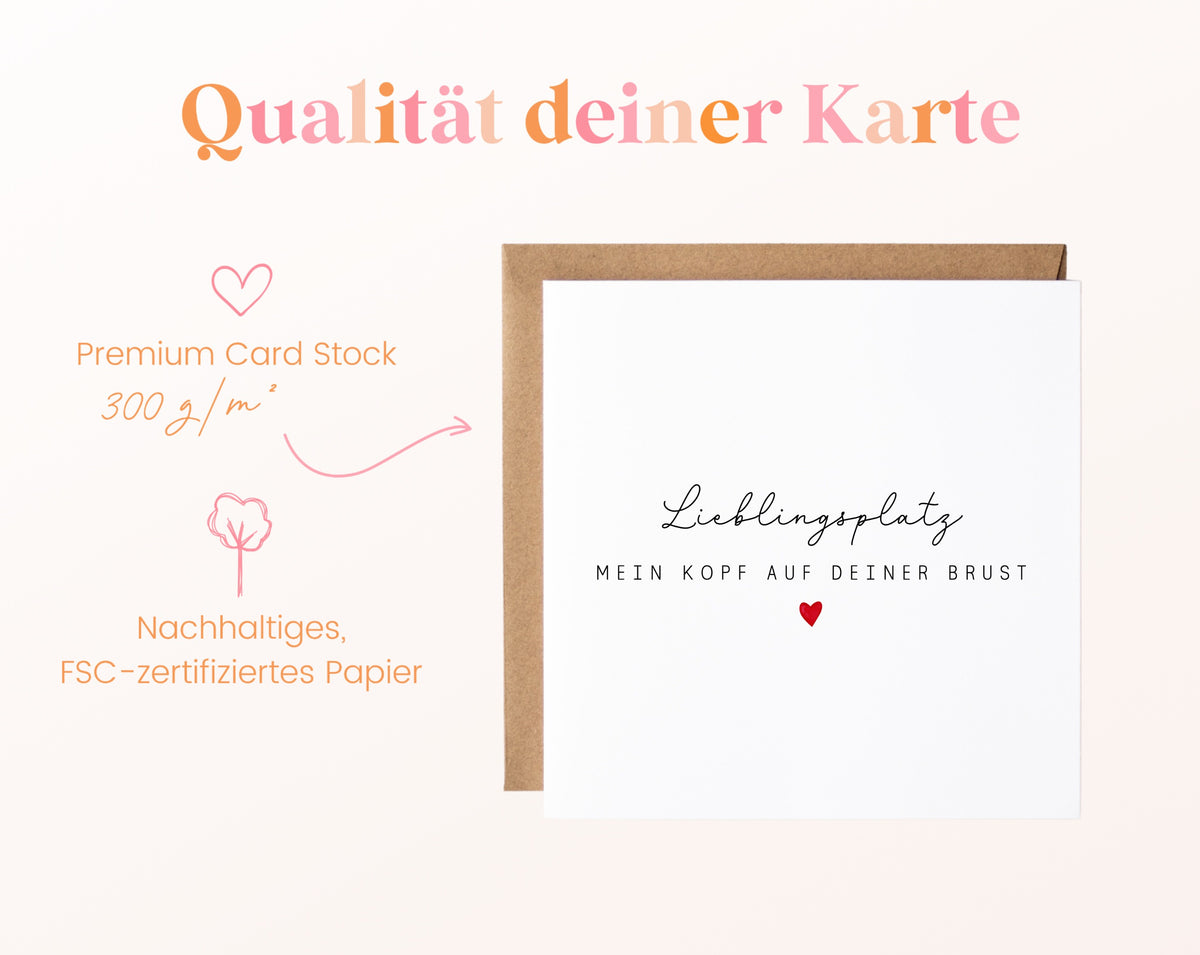 Liebeskarte „Lieblingsplatz – mein Kopf auf Deiner Brust“ – 300 g/m² Kartenpapier