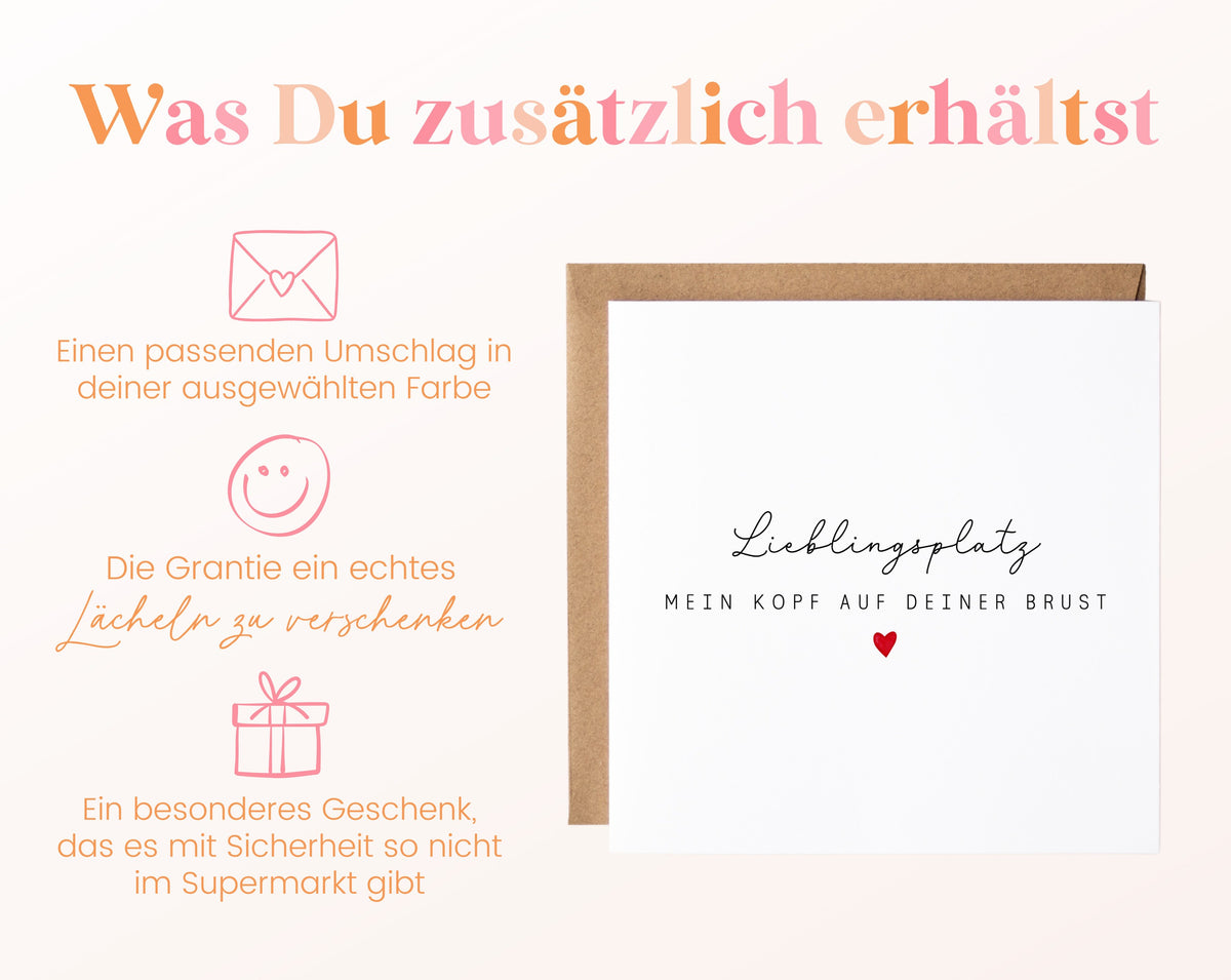 Liebeskarte „Lieblingsplatz – mein Kopf auf Deiner Brust“ – Details zum Lieferumfang