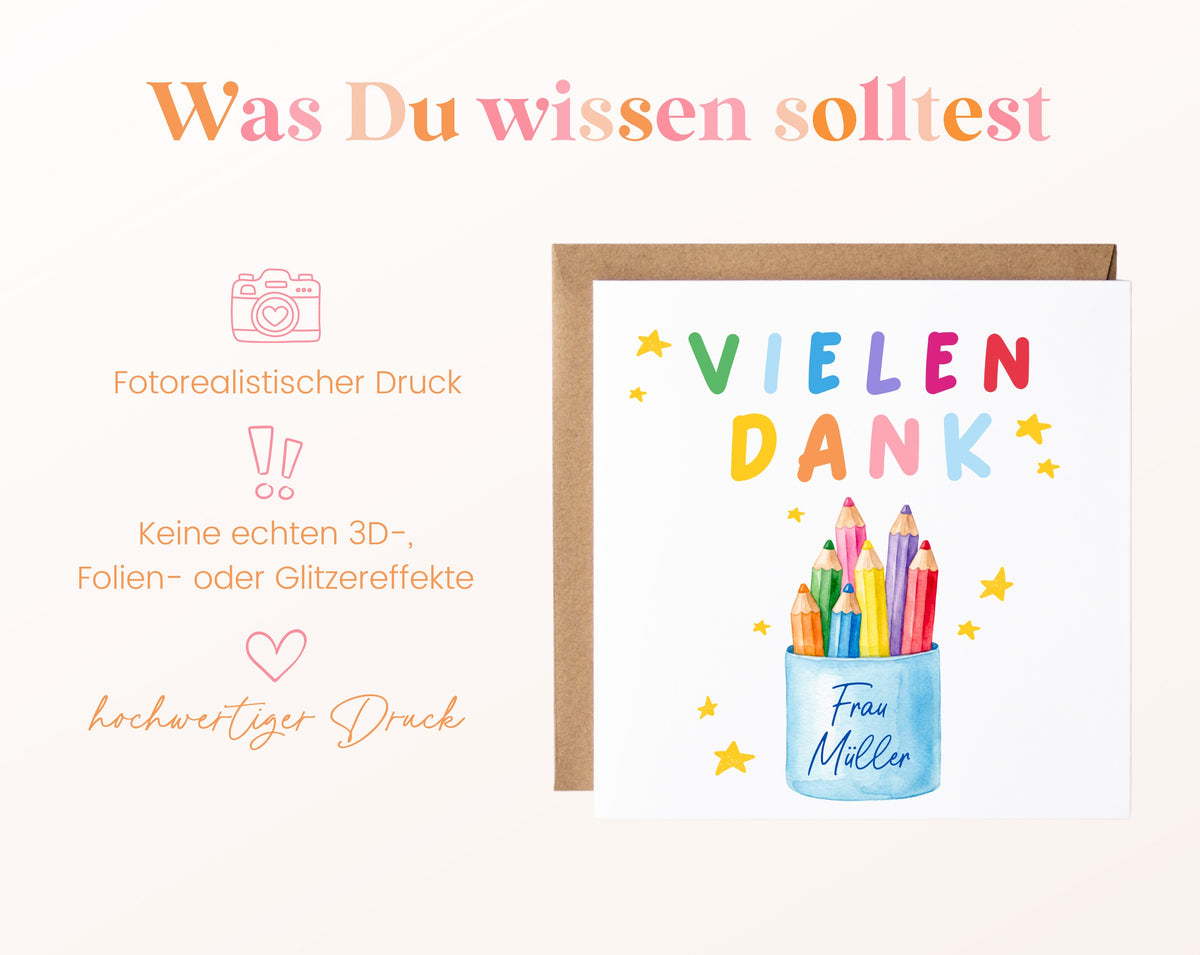 Personalisierte Dankeskarte mit bunten Stiften im Becher – 03_wissen