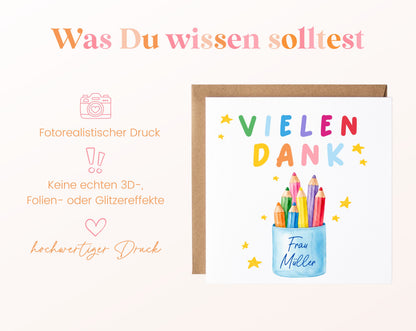 Personalisierte Dankeskarte mit bunten Stiften im Becher – 03_wissen