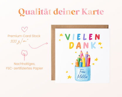 Personalisierte Dankeskarte mit bunten Stiften im Becher – 05B_qualitaet_300
