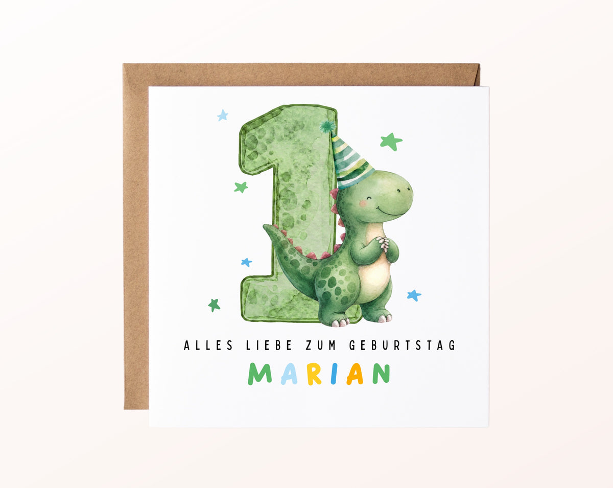 Personalisierte Dino-Karte zum 1. Geburtstag – Karte mit Beispielname und Umschlag