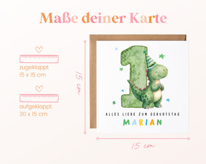 Personalisierte Dino-Karte zum 1. Geburtstag – Maße der Klappkarte