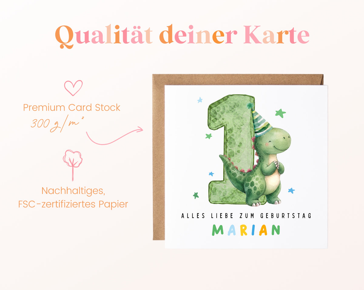 Personalisierte Dino-Karte zum 1. Geburtstag – 300 g/m² Kartenpapier