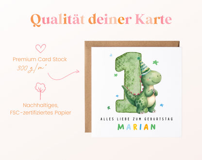 Personalisierte Dino-Karte zum 1. Geburtstag – 300 g/m² Kartenpapier