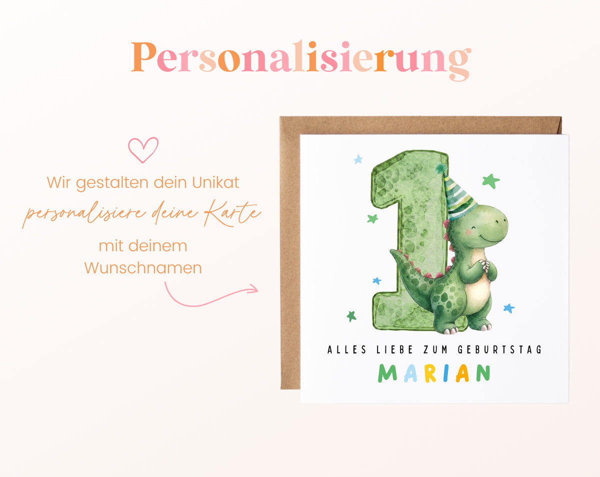 Personalisierte Dino-Karte zum 1. Geburtstag – Wunschname in bunten Buchstaben