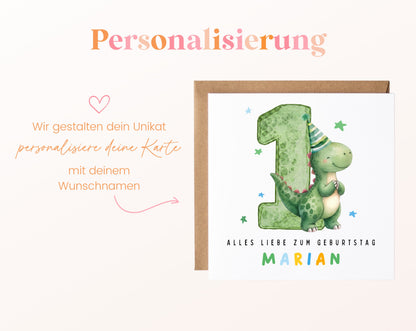 Personalisierte Dino-Karte zum 1. Geburtstag – Wunschname in bunten Buchstaben
