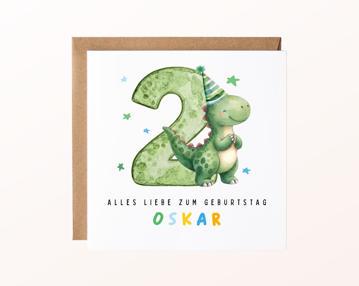 Dino-Karte zum 2. Geburtstag mit Beispielname Oskar und Umschlag