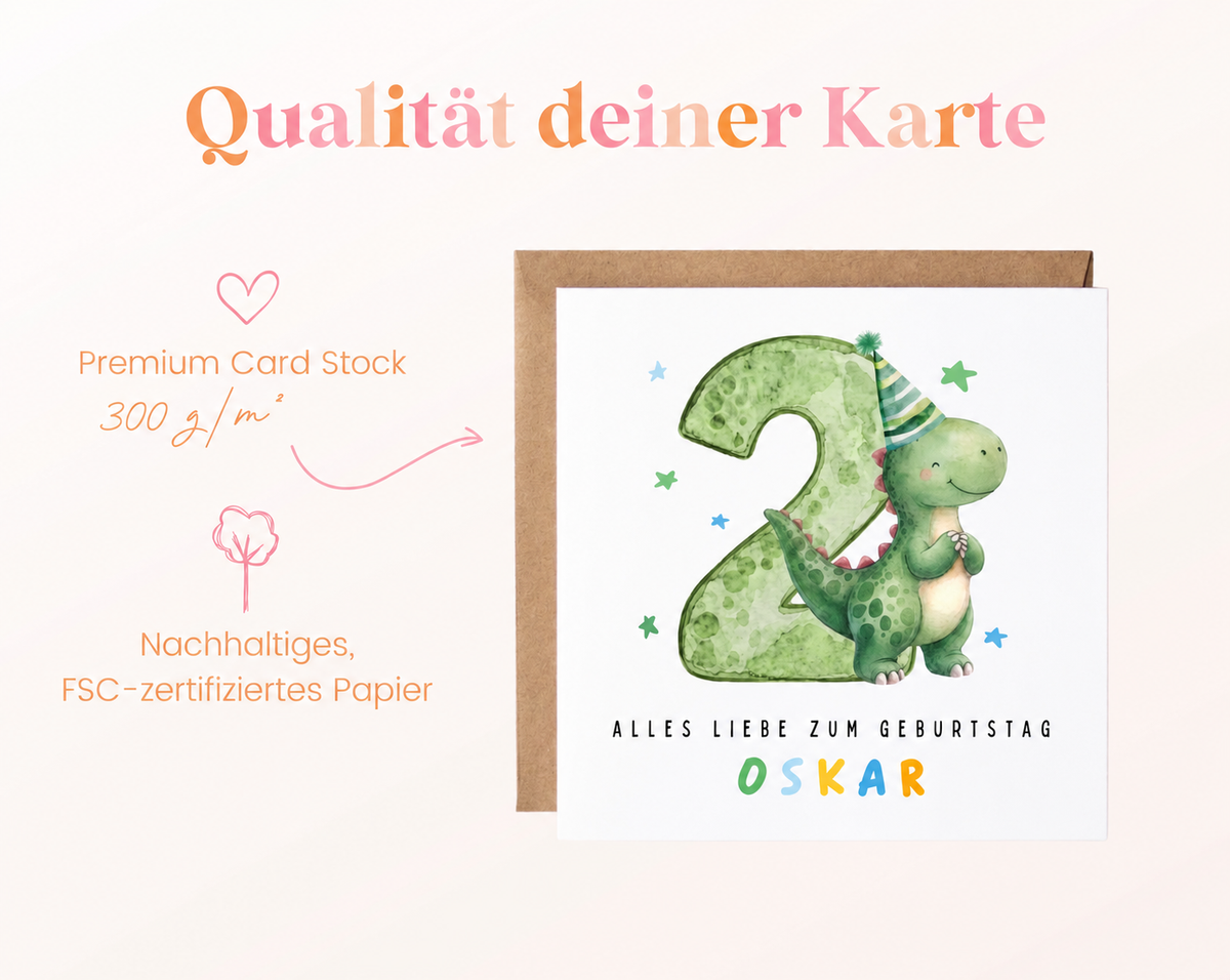 Dino-Karte zum 2. Geburtstag – 300 g/m² Kartenpapier