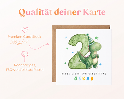 Dino-Karte zum 2. Geburtstag – 300 g/m² Kartenpapier