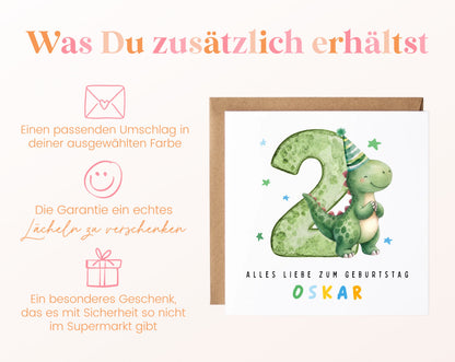 Dino-Karte zum 2. Geburtstag – Umschlag und Lieferumfang