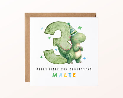Personalisierte Dino-Karte zum 3. Geburtstag – Karte mit Beispielname und Umschlag