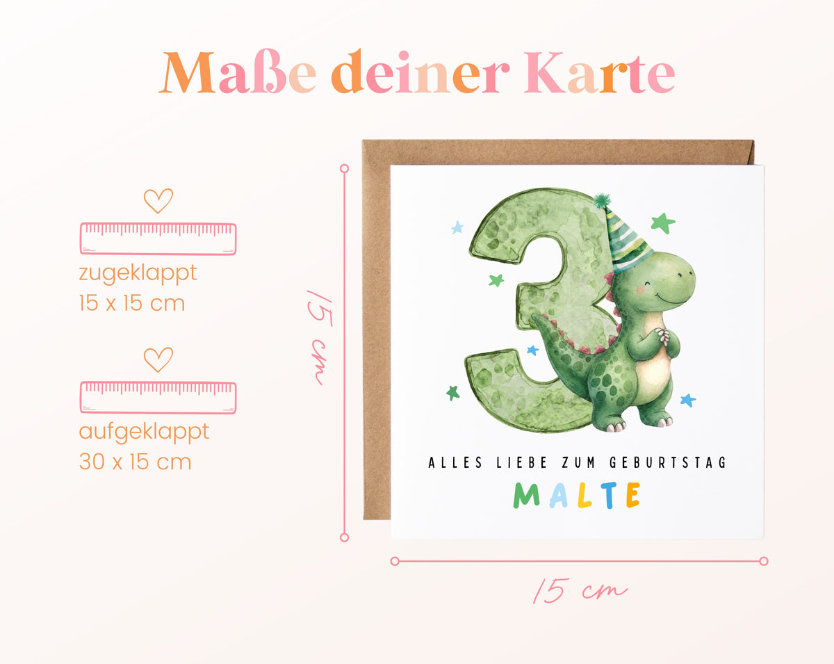 Personalisierte Dino-Karte zum 3. Geburtstag – Maße der Klappkarte