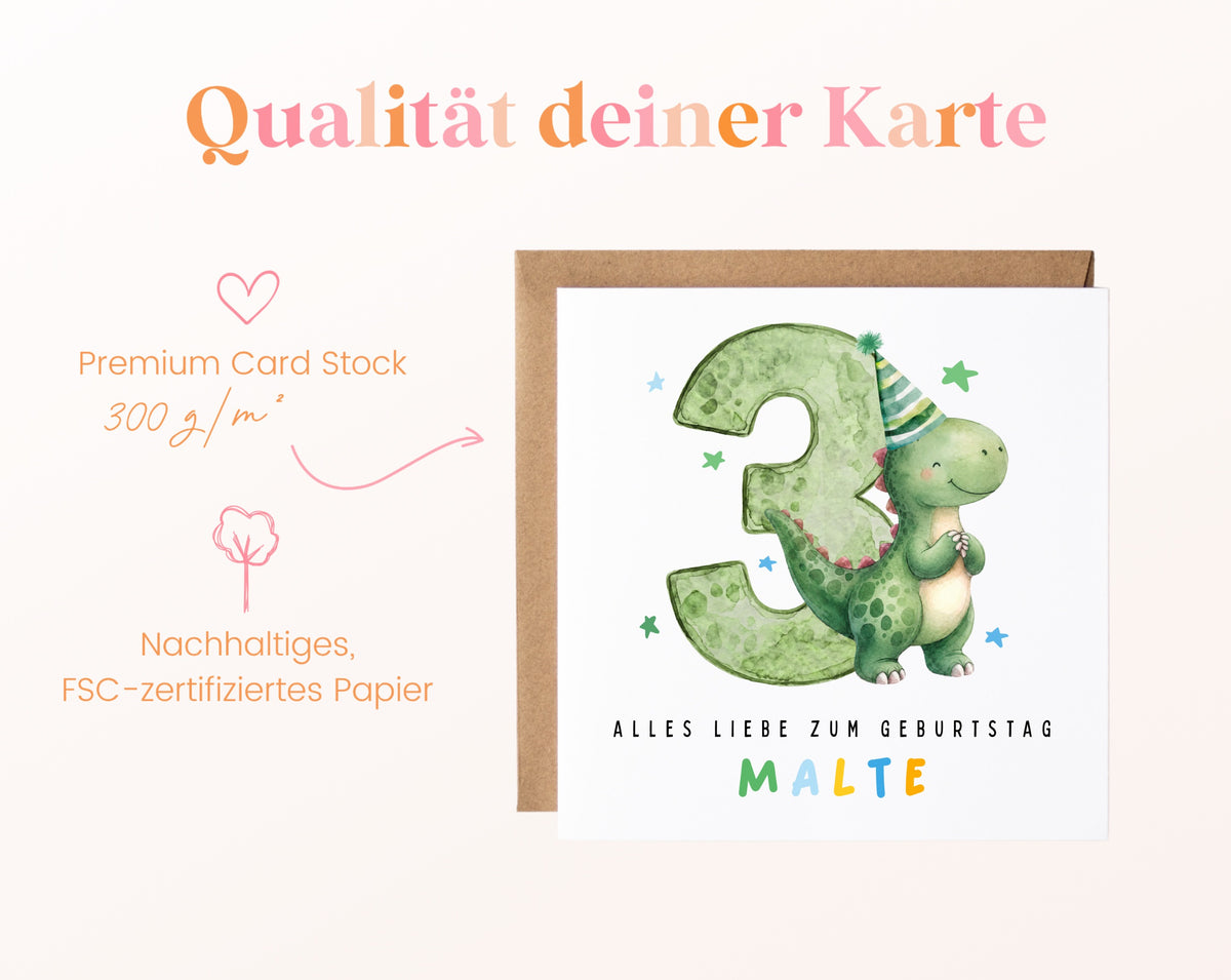 Personalisierte Dino-Karte zum 3. Geburtstag – 300 g/m² Kartenpapier