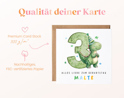 Personalisierte Dino-Karte zum 3. Geburtstag – 300 g/m² Kartenpapier