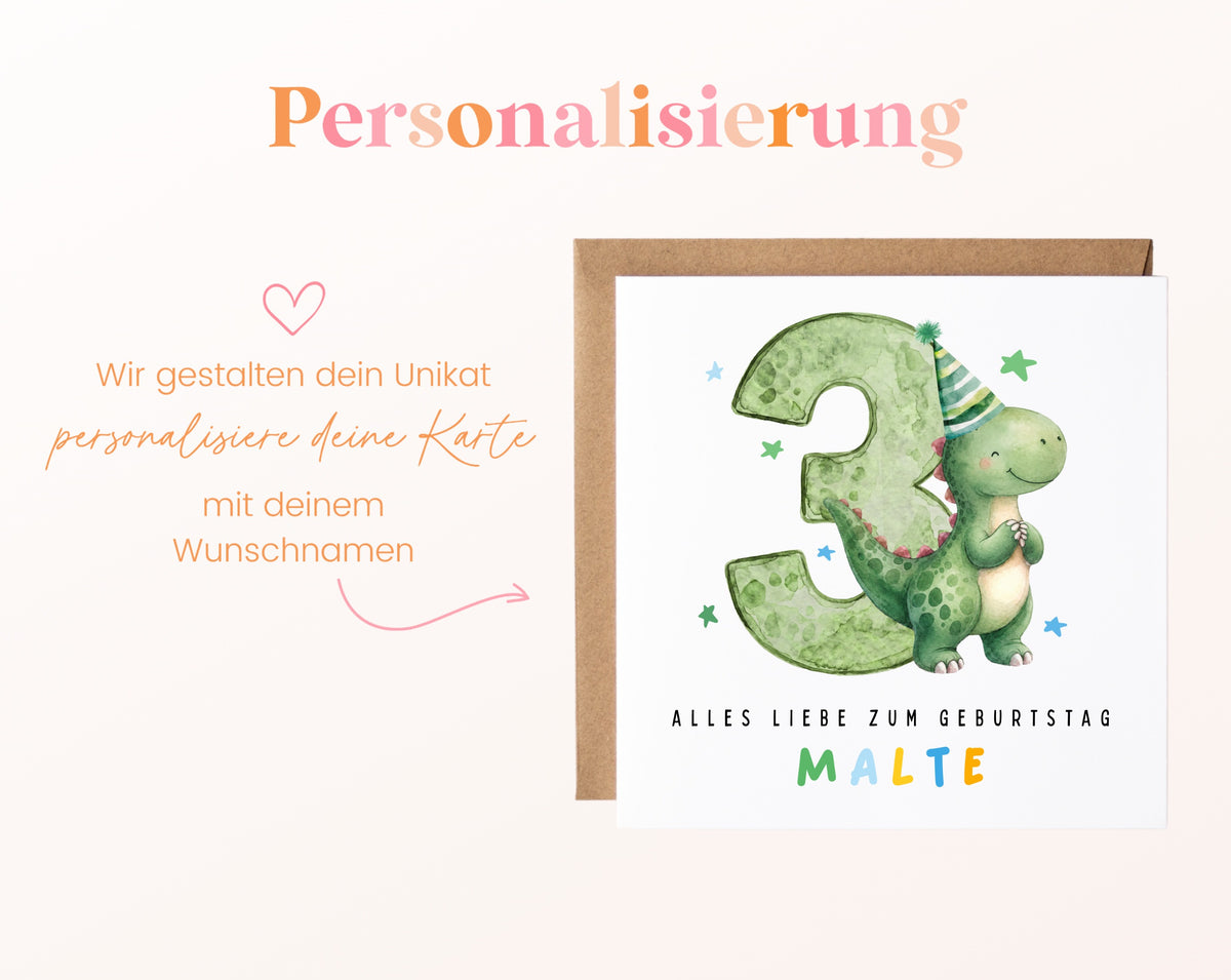 Personalisierte Dino-Karte zum 3. Geburtstag – Wunschname in bunten Buchstaben