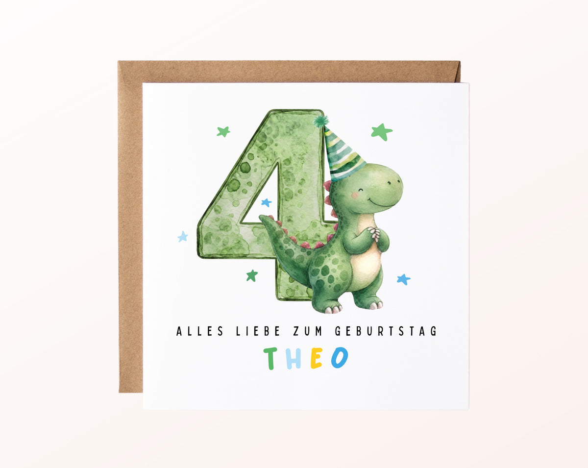 Personalisierte Dino-Karte zum 4. Geburtstag – Karte mit Beispielname und Umschlag