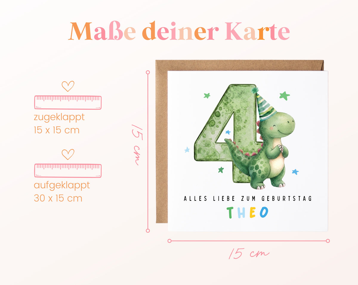 Personalisierte Dino-Karte zum 4. Geburtstag – Maße der Klappkarte